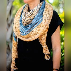 Hand Knitted Elegant Scarf Cable Striped Hand Dyed Wool Blue Brown One Of A Kind
